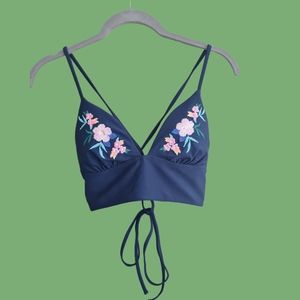 Hollister, Medium, Navy Blue Floral Embroidered Bikini Top